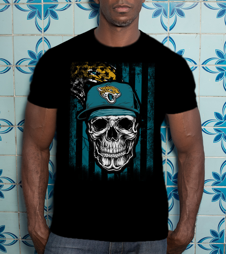 Skull In Jacksonville Jaguars Cap With Teal Stripes T-Shirt