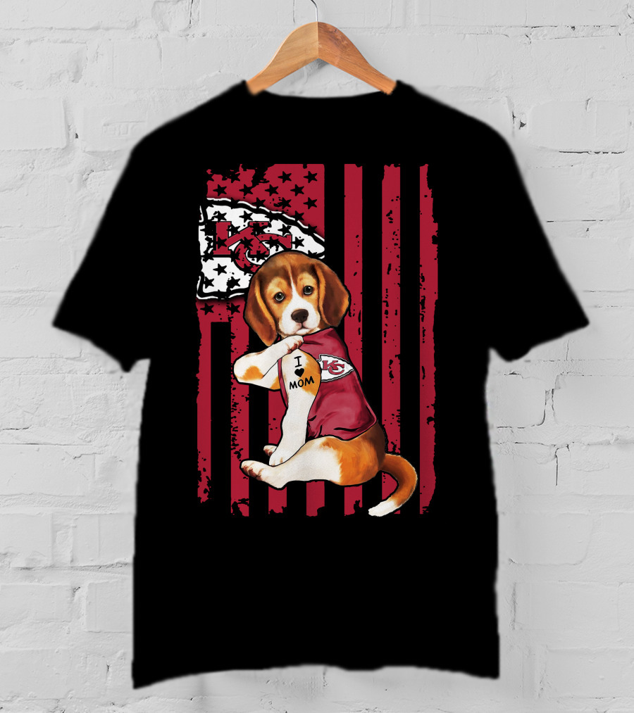 Beagle I Love Mom Kansas City Chiefs USA Flag T-Shirt