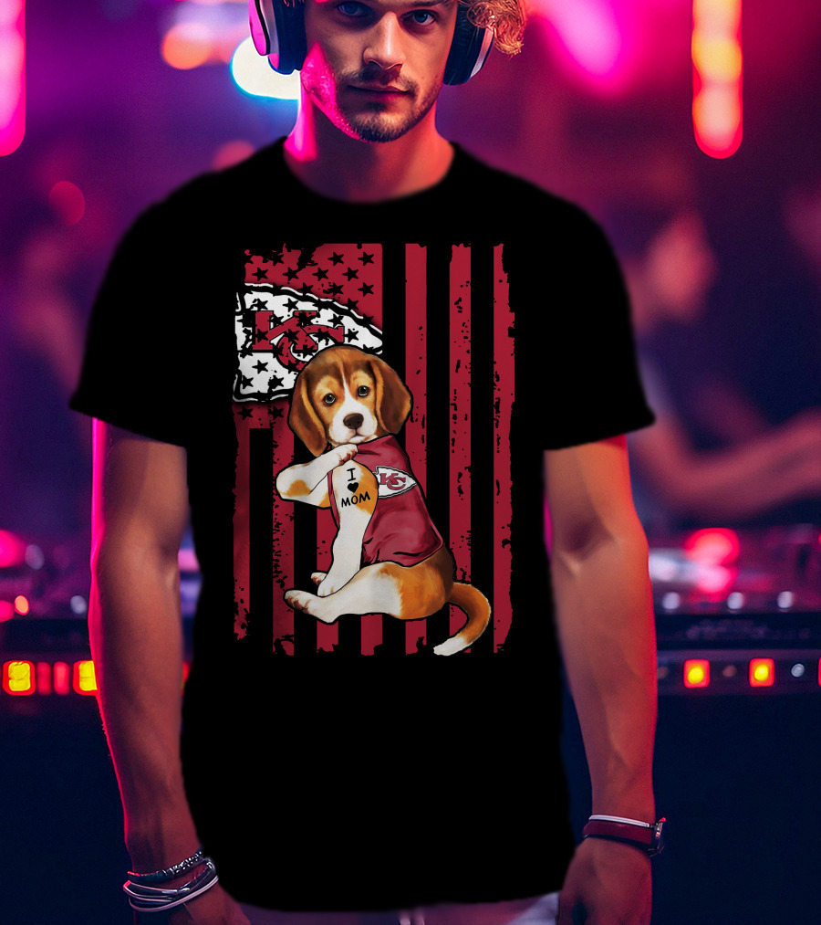 Beagle I Love Mom Kansas City Chiefs USA Flag T-Shirt