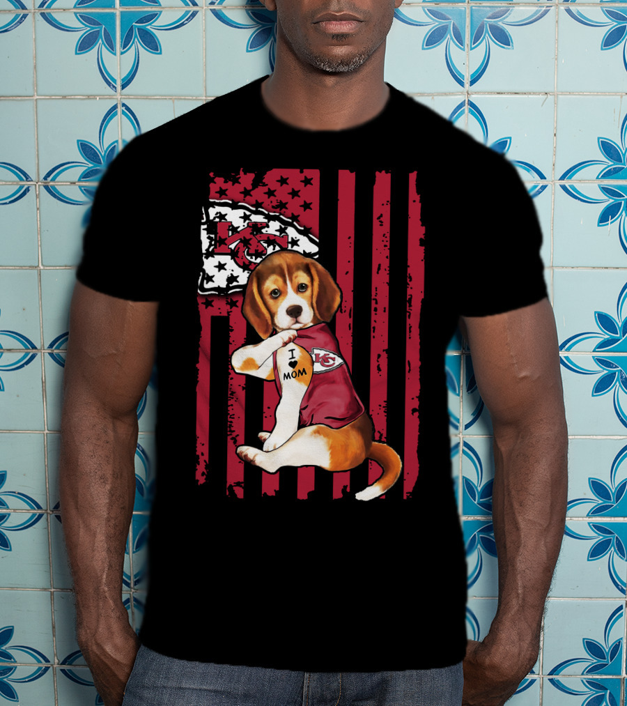 Beagle I Love Mom Kansas City Chiefs USA Flag T-Shirt
