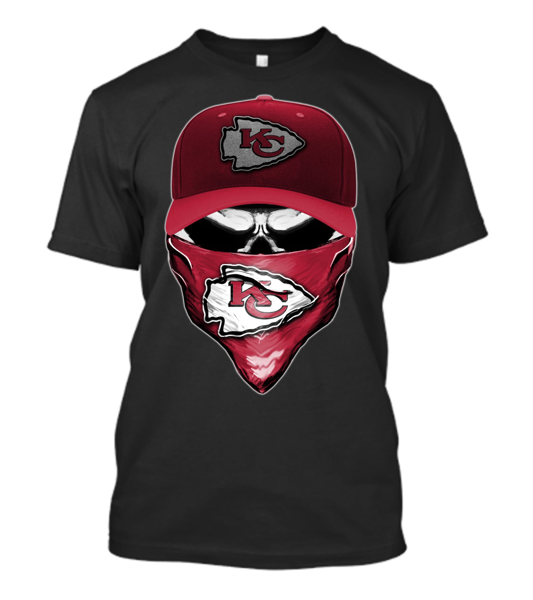 Skull With Kansas City Chiefs Cap And Bandana T-Shirt