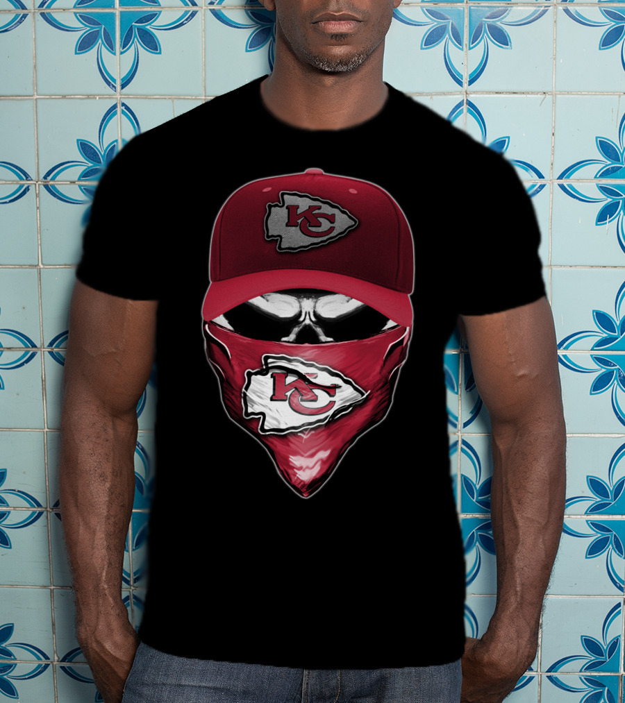 Skull With Kansas City Chiefs Cap And Bandana T-Shirt