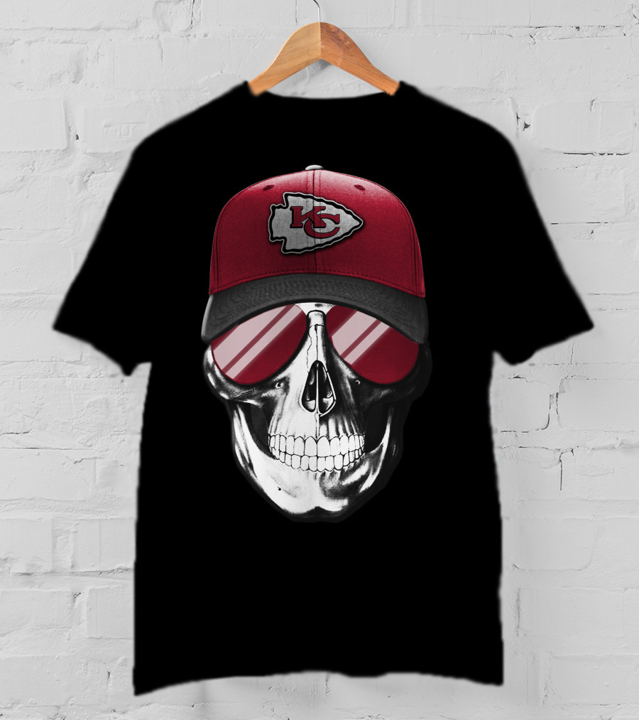 Skull With Kansas City Chiefs Hat And Sunglasses T-Shirt