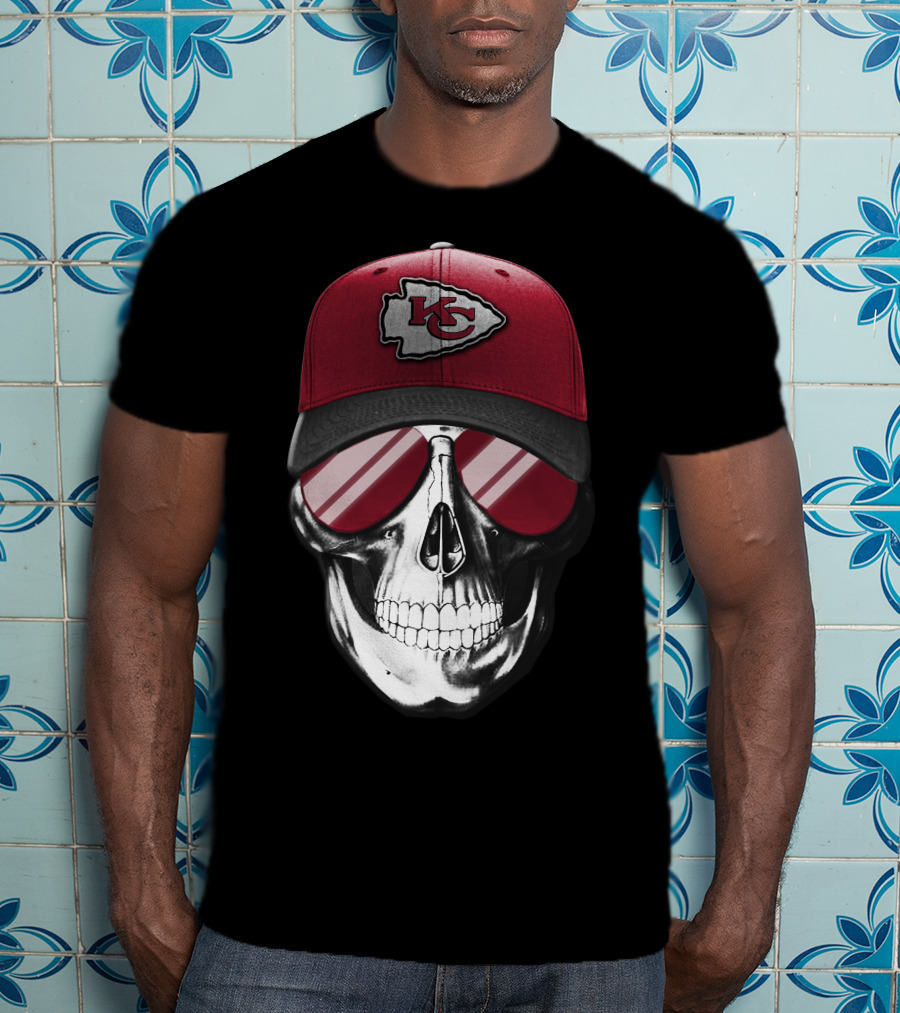 Skull With Kansas City Chiefs Hat And Sunglasses T-Shirt