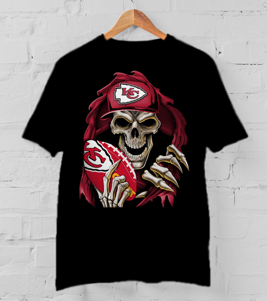Skullbong Kansas City Chiefs Skeleton Holding Football With KC T-Shirt
