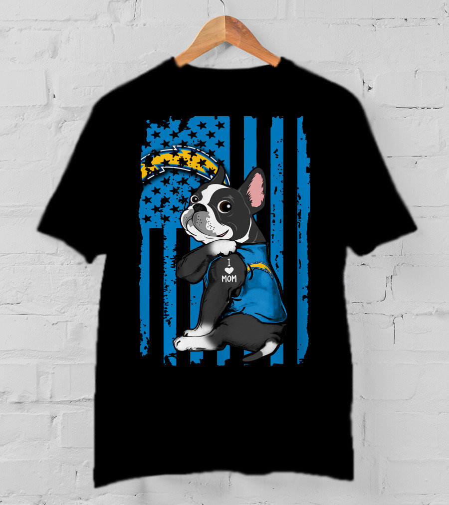 Boston Terrier I Love Mom Los Angeles Chargers Fan T-Shirt
