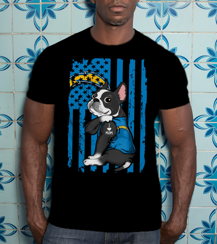 Boston Terrier I Love Mom Los Angeles Chargers Fan T-Shirt