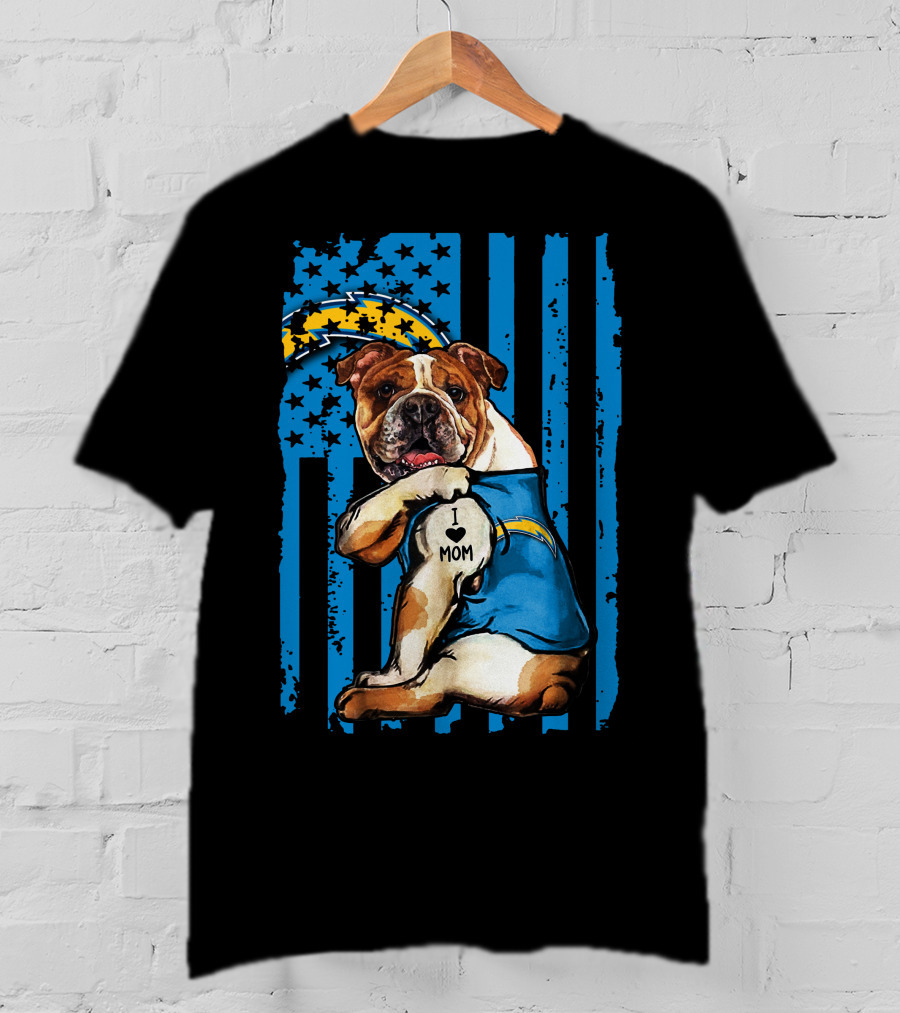 Bulldog I Love Mom Los Angeles Chargers Logo Stars Stripes T-Shirt