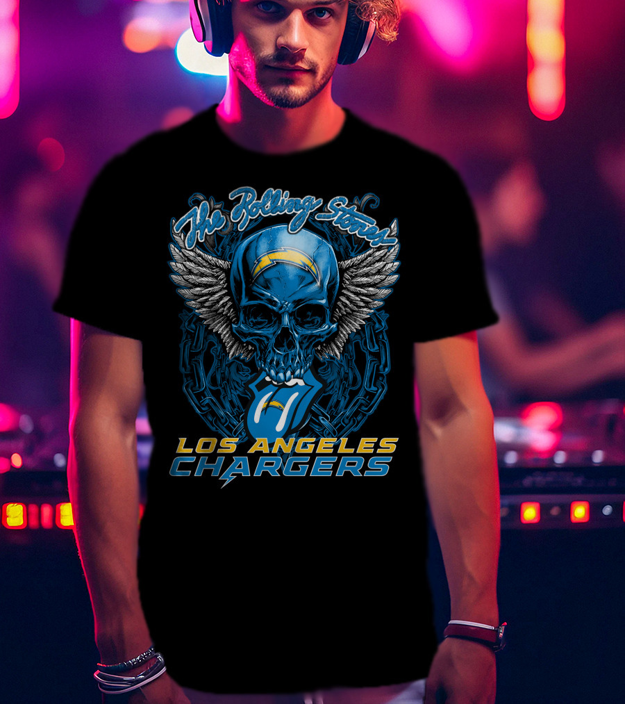 The Rolling Stones Los Angeles Chargers Skull And Tongue Logo Fusion T-Shirt