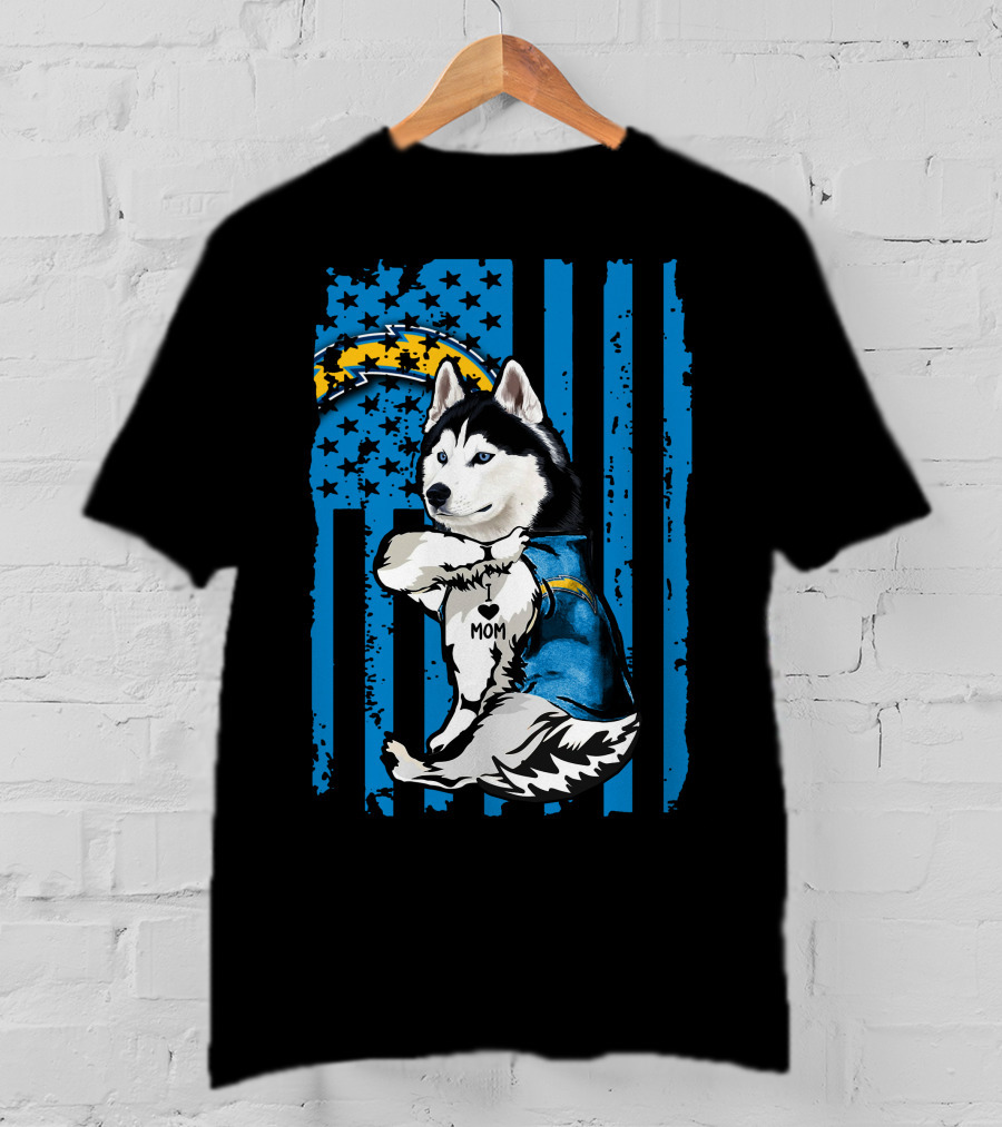 Siberian Husky I Love Mom Los Angeles Chargers Blue Stars T-Shirt