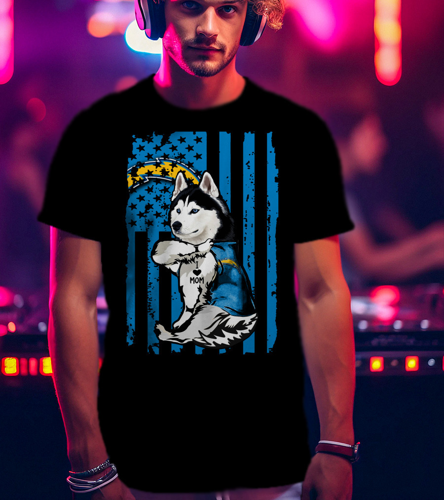 Siberian Husky I Love Mom Los Angeles Chargers Blue Stars T-Shirt
