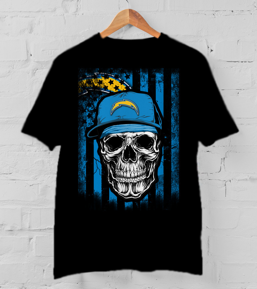 Skull With Los Angeles Chargers Lightning Bolt Hat On T-Shirt