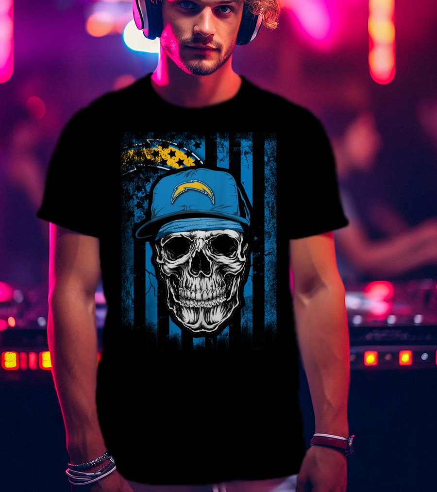 Skull With Los Angeles Chargers Lightning Bolt Hat On T-Shirt