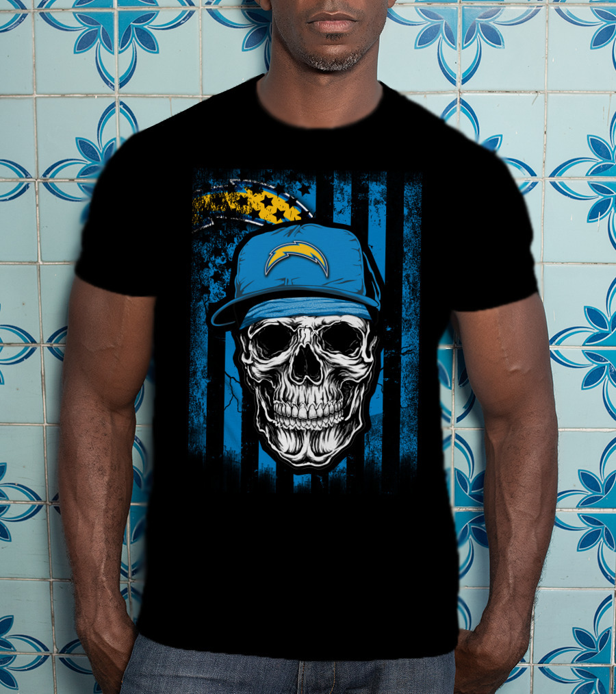 Skull With Los Angeles Chargers Lightning Bolt Hat On T-Shirt