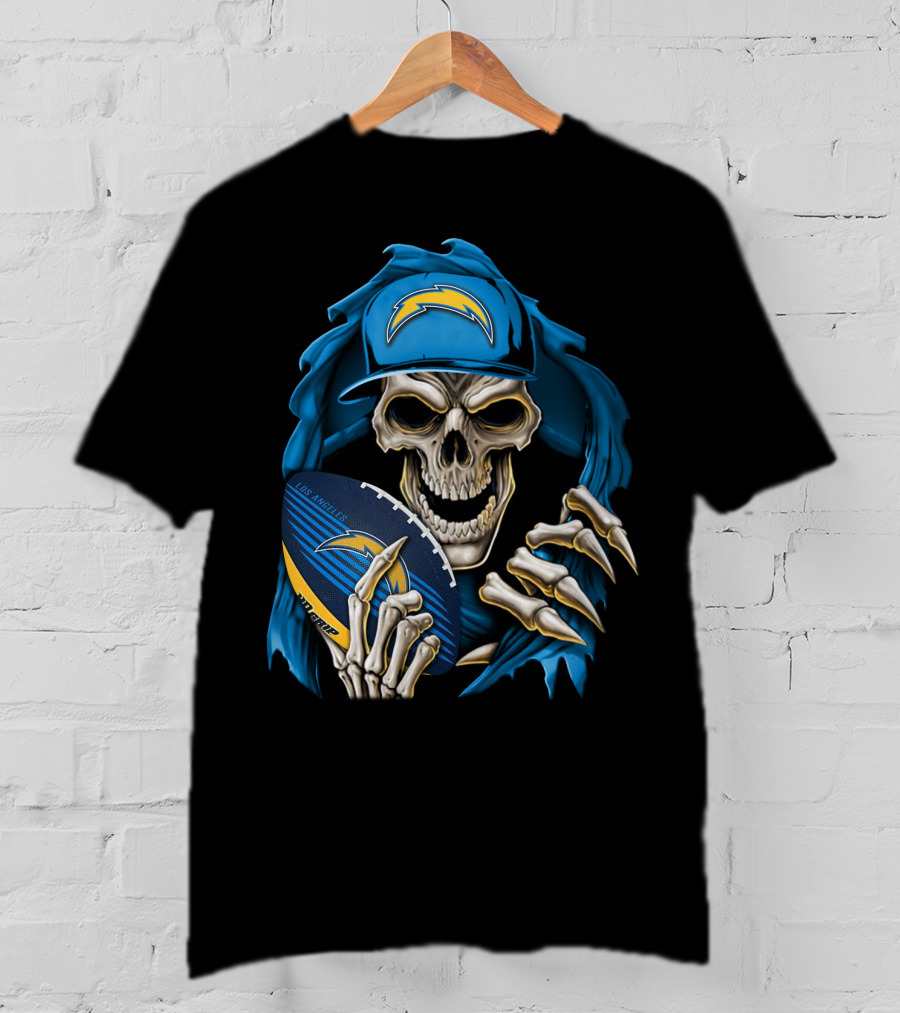 Skullbong Los Angeles Chargers Skeleton Holding Football With Blue Hood And Cap T-Shirt
