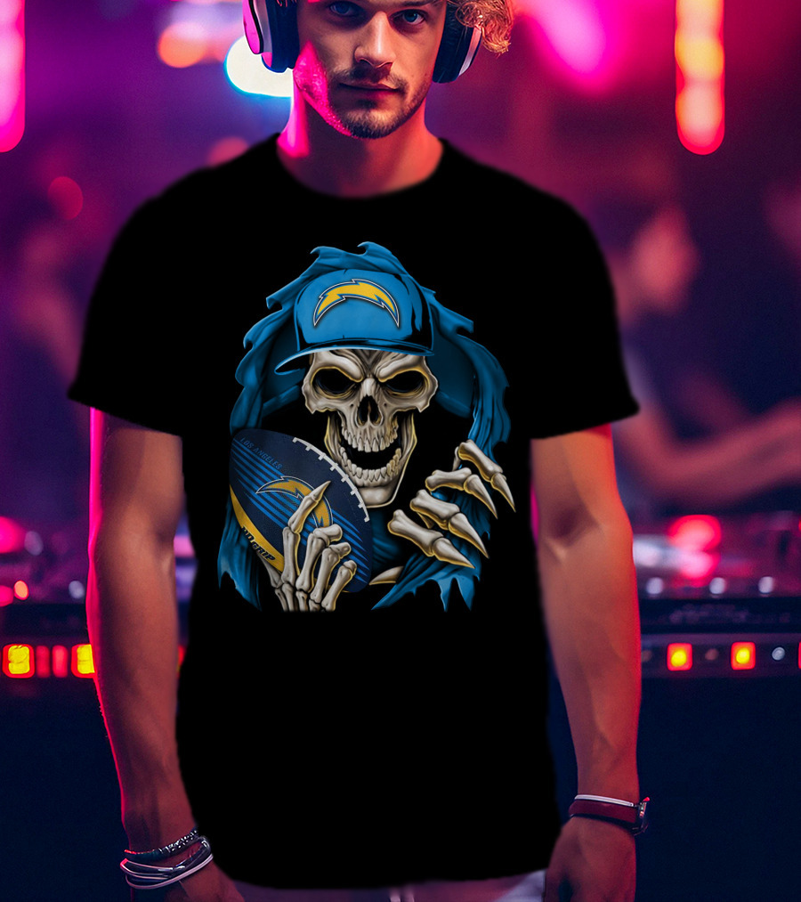 Skullbong Los Angeles Chargers Skeleton Holding Football With Blue Hood And Cap T-Shirt