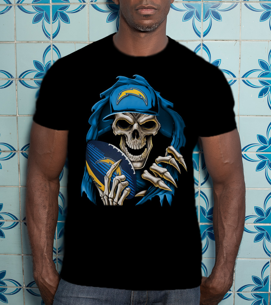 Skullbong Los Angeles Chargers Skeleton Holding Football With Blue Hood And Cap T-Shirt