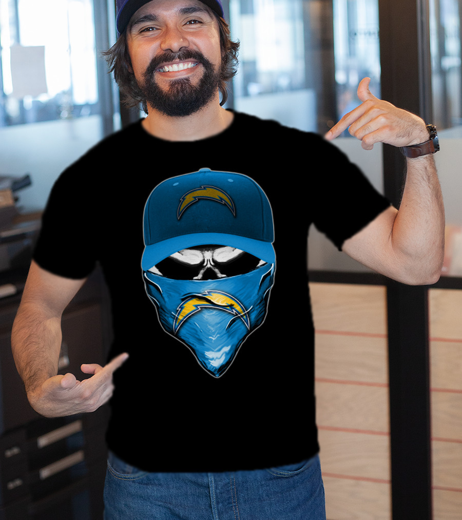 Skull Wearing Los Angeles Chargers Cap And Bandana T-Shirt