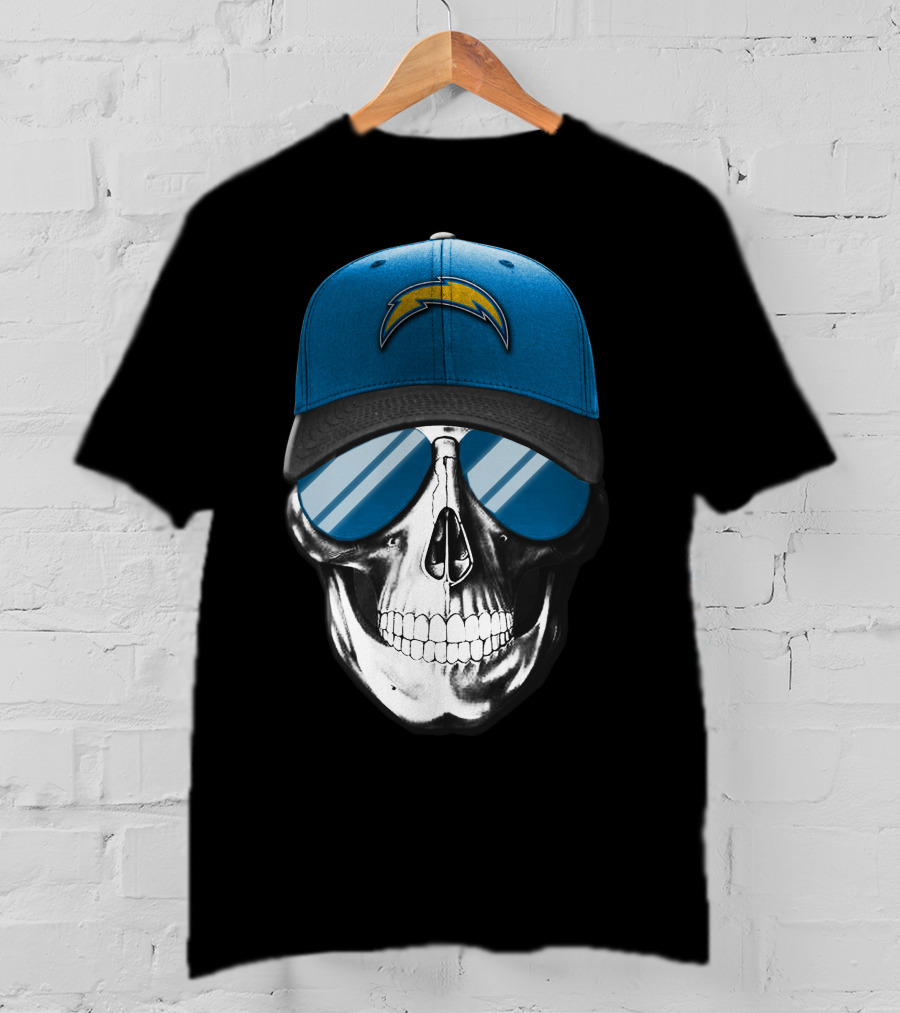 Skull Wearing Los Angeles Chargers Cap With Blue Sunglasses T-Shirt