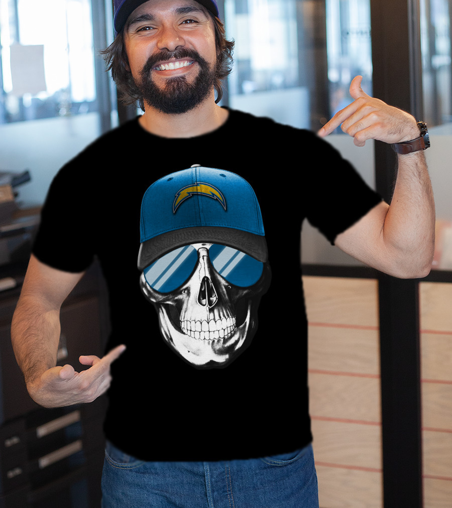 Skull Wearing Los Angeles Chargers Cap With Blue Sunglasses T-Shirt