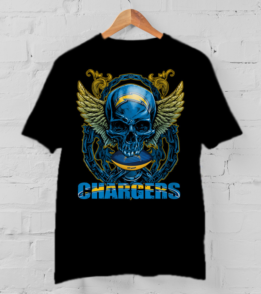 Skullfb Chargers Los Angeles Winged Skull Football Helmet And Chains T-Shirt