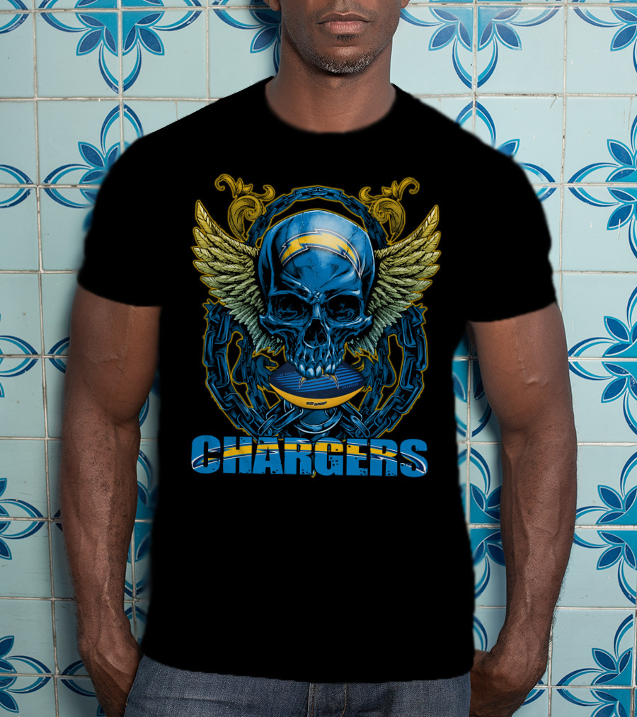 Skullfb Chargers Los Angeles Winged Skull Football Helmet And Chains T-Shirt