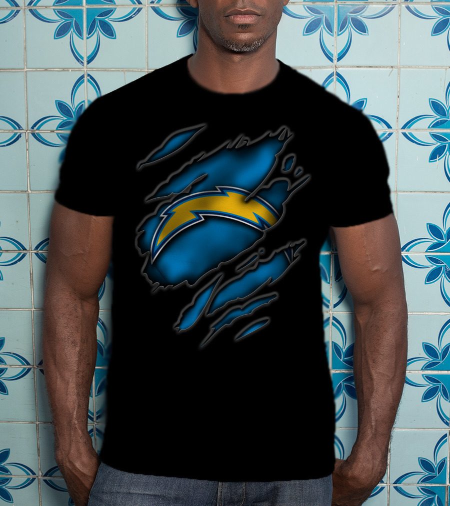 Torn Los Angeles Chargers Lightning Bolt Ripped Blue Claw Marks T-Shirt