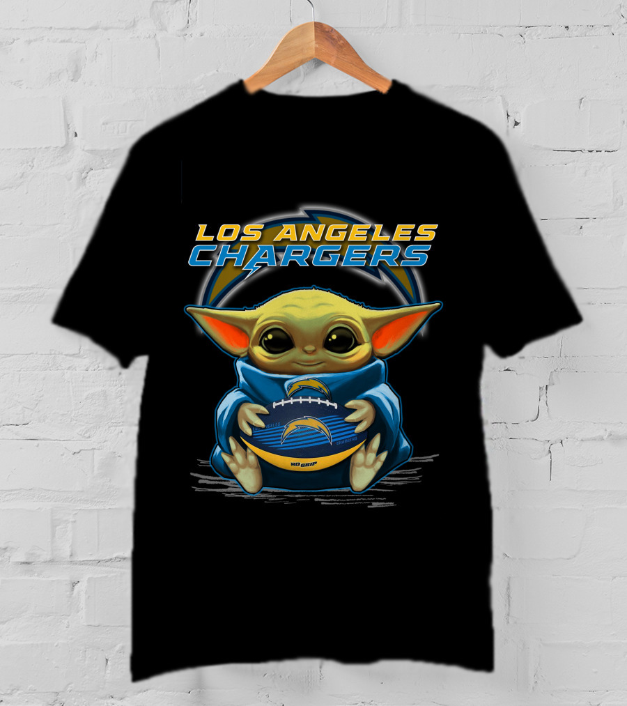 Los Angeles Chargers Baby Yoda Holding Football T-Shirt