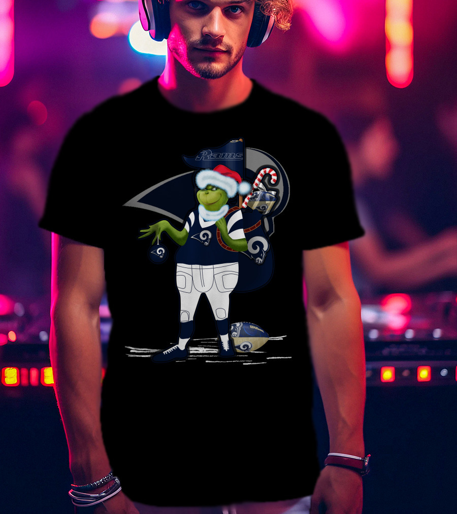 Grinchxmas Los Angeles Rams Football Santa And Candy Cane T-Shirt