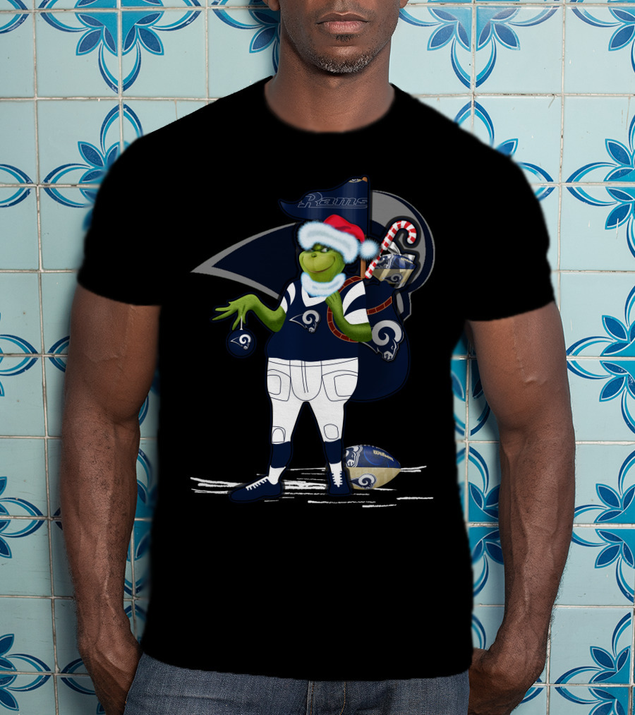 Grinchxmas Los Angeles Rams Football Santa And Candy Cane T-Shirt