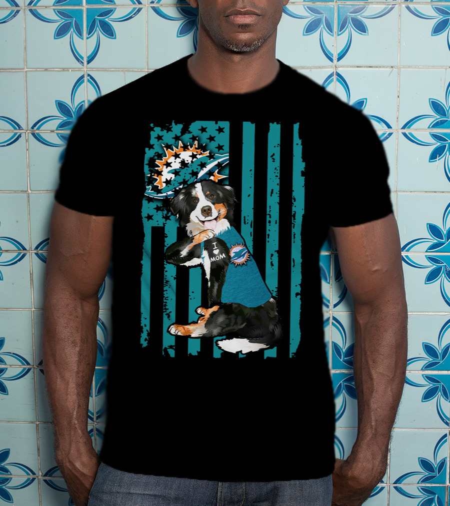 Border Collie I Love Mom Miami Dolphins Flag T-Shirt