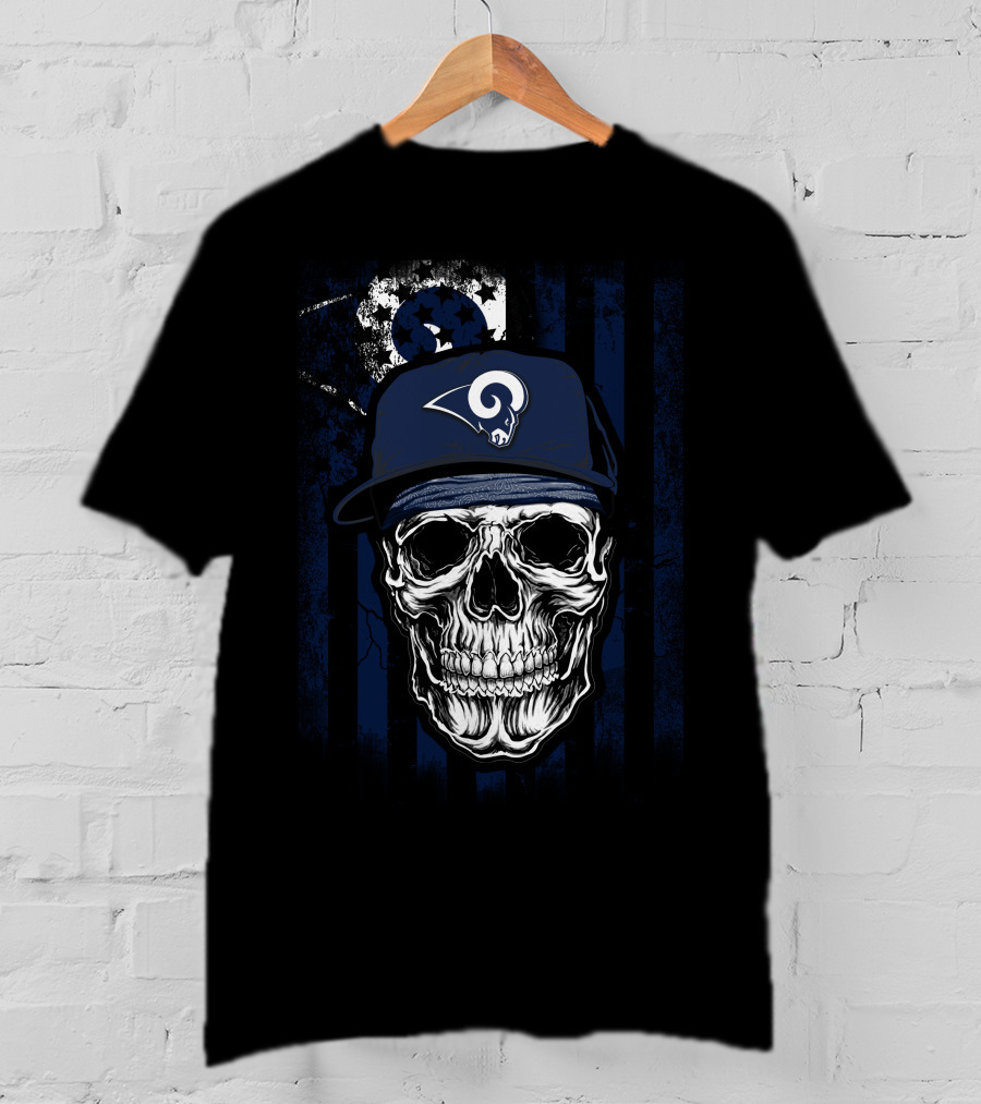 Skull With Los Angeles Rams Cap On American Flag Background T-Shirt