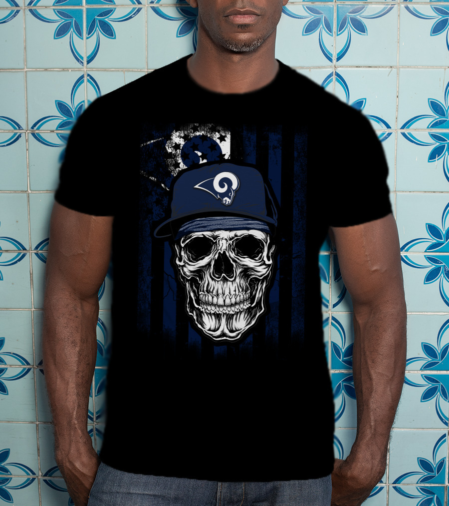Skull With Los Angeles Rams Cap On American Flag Background T-Shirt