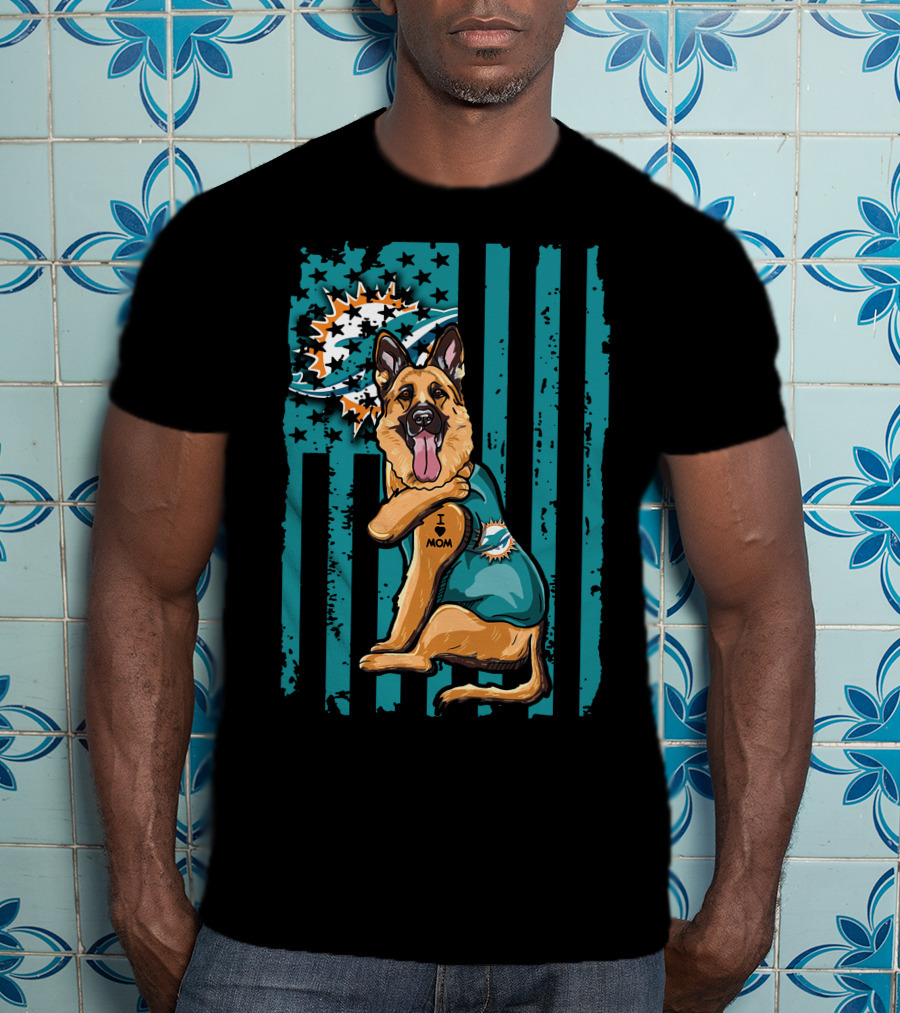 German Shepherd I Love Mom Miami Dolphins Fan T-Shirt
