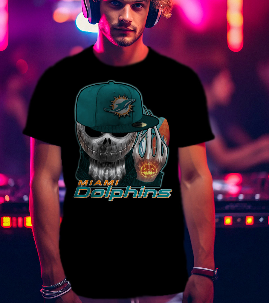 Miami Dolphins Skull With Jack-O'-Lantern Glove T-Shirt