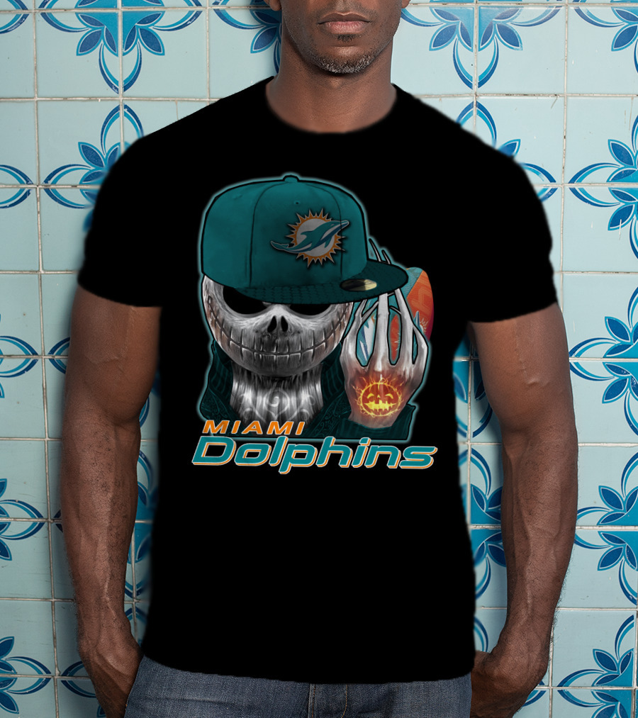 Miami Dolphins Skull With Jack-O'-Lantern Glove T-Shirt