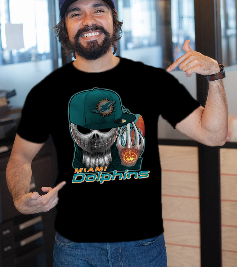 Miami Dolphins Skull With Jack-O'-Lantern Glove T-Shirt