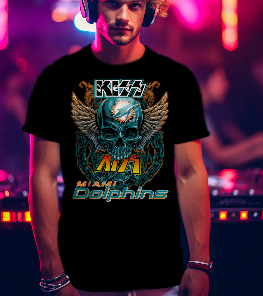 Kiss Miami Dolphins Skull Wings Logo Fusion T-Shirt