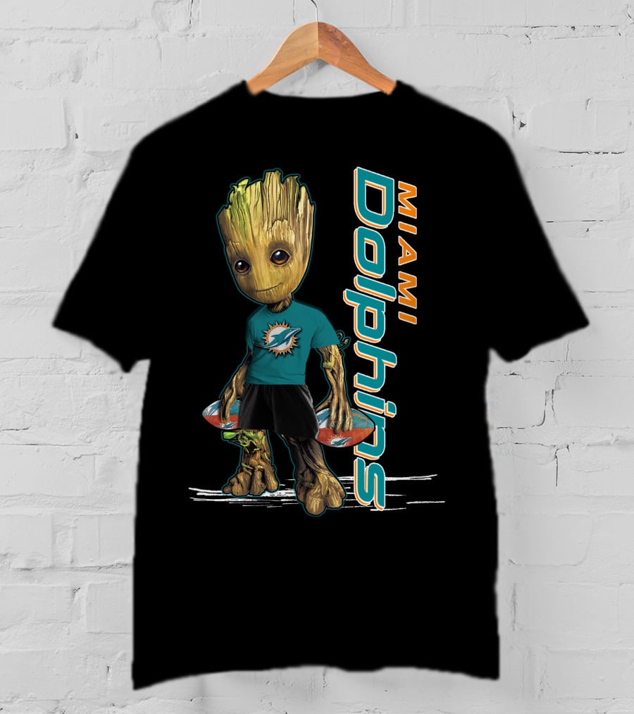 Groot Wearing Miami Dolphins Merchandise With Team Logo And Sports T-Shirt