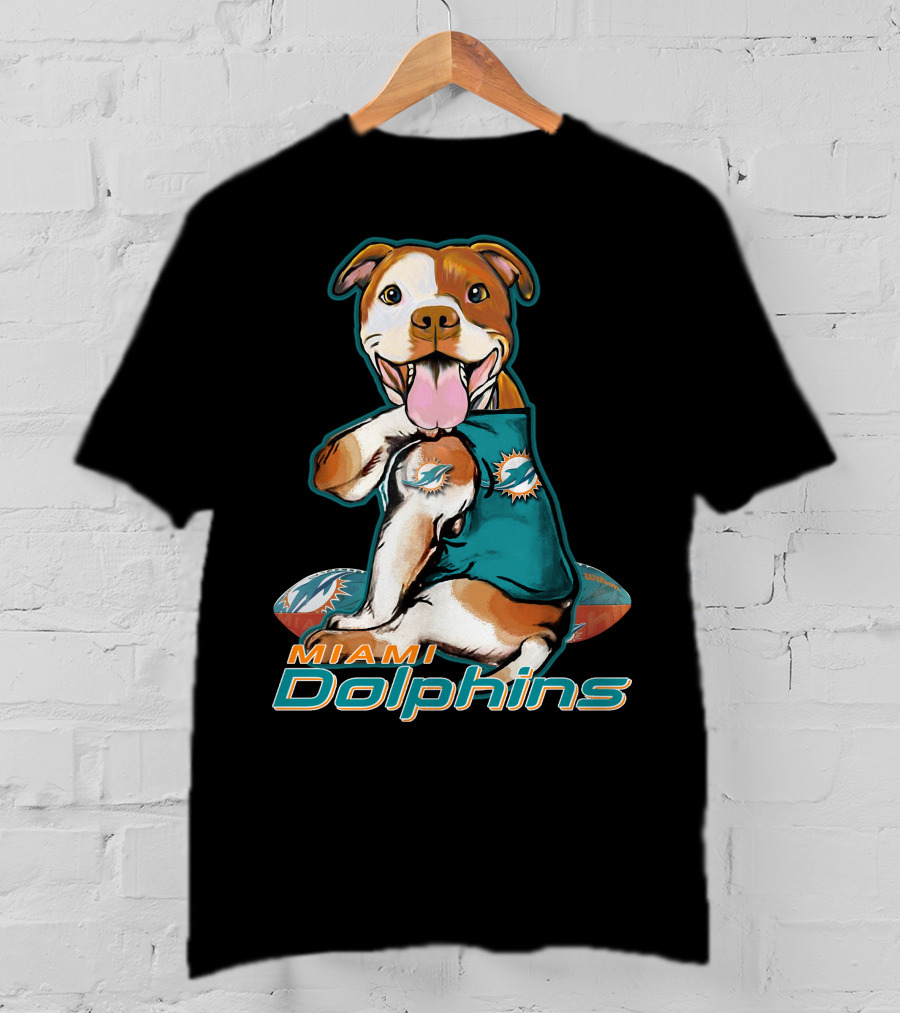 Pittbull Wearing Miami Dolphins Jersey With Logo And Football T-Shirt