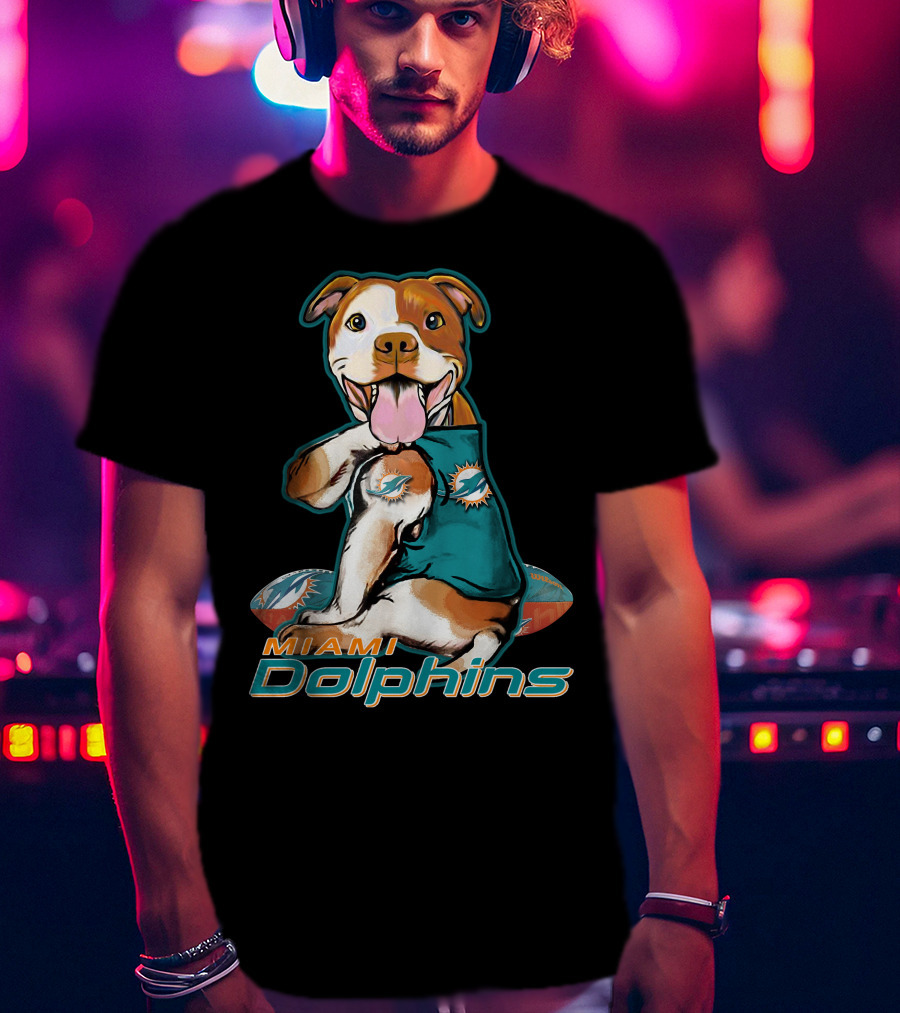 Pittbull Wearing Miami Dolphins Jersey With Logo And Football T-Shirt