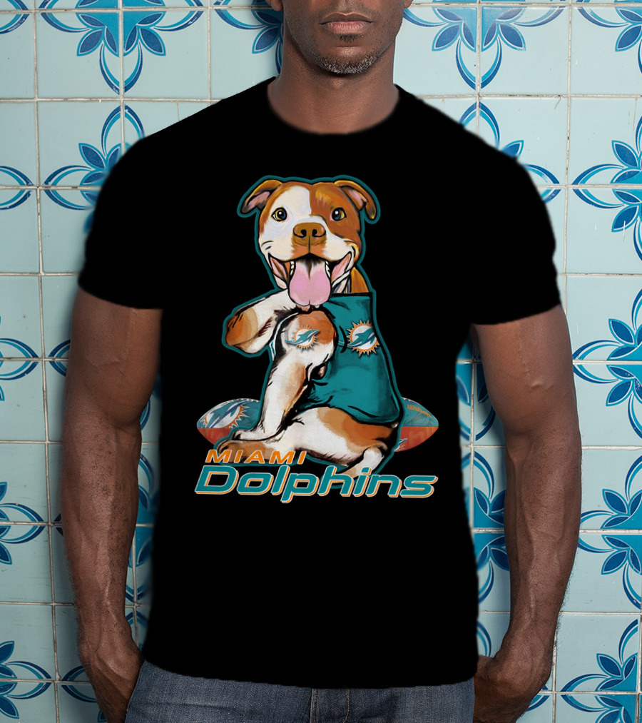 Pittbull Wearing Miami Dolphins Jersey With Logo And Football T-Shirt