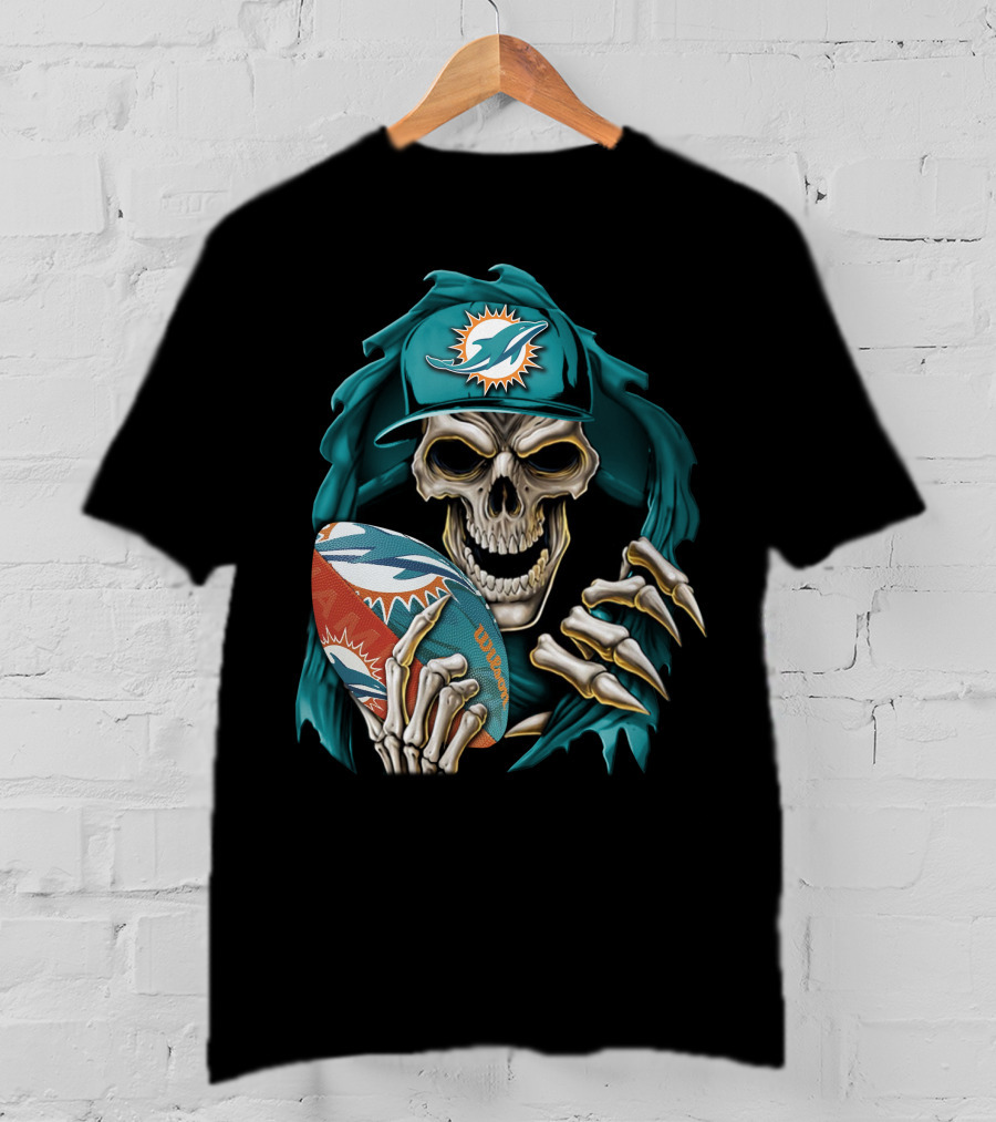Skullbong Miami Dolphins Football Skeleton T-Shirt