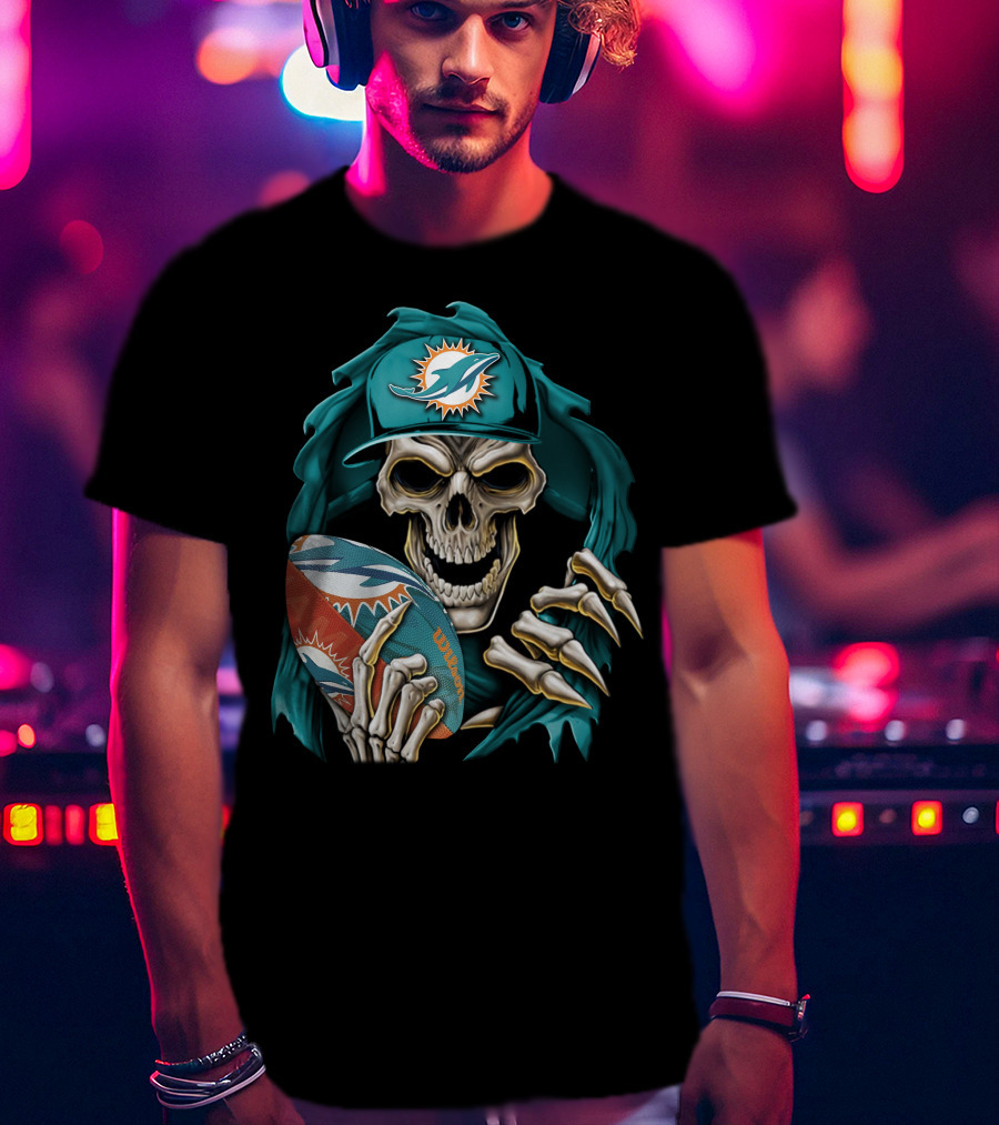 Skullbong Miami Dolphins Football Skeleton T-Shirt
