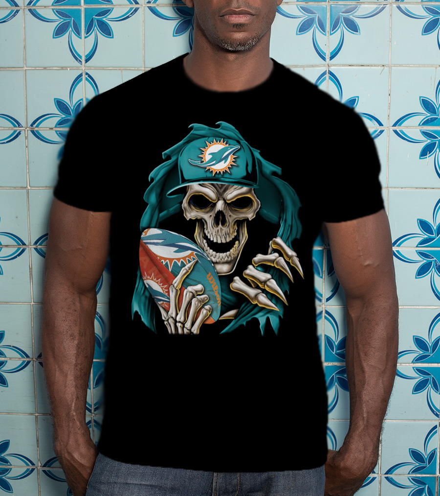 Skullbong Miami Dolphins Football Skeleton T-Shirt