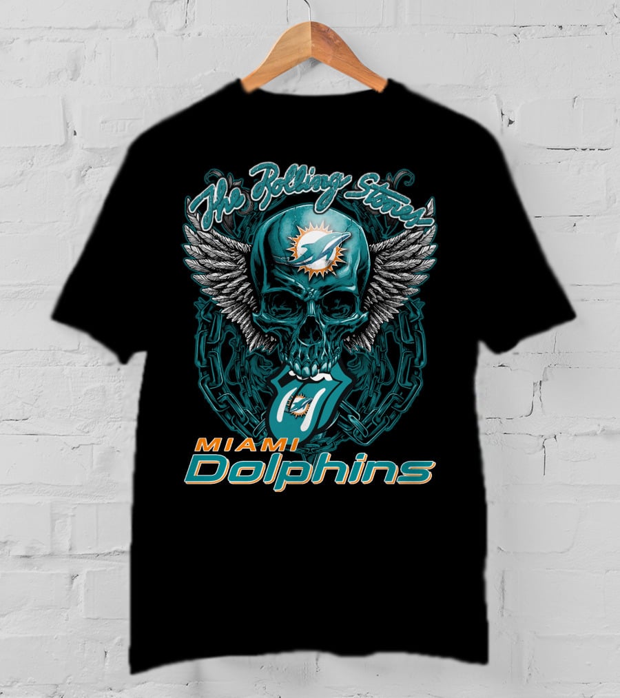 The Rolling Stones Miami Dolphins Skull With Wings Iconic Tongue T-Shirt