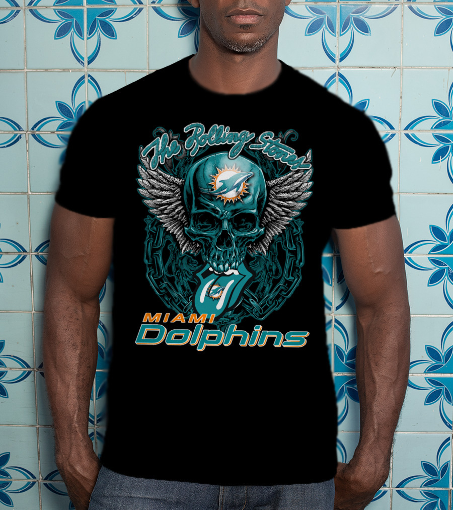 The Rolling Stones Miami Dolphins Skull With Wings Iconic Tongue T-Shirt