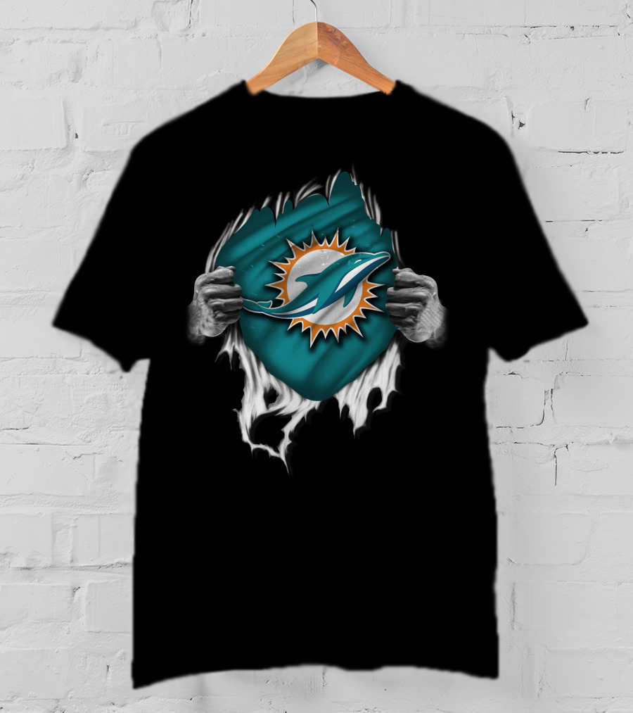 Torn Miami Dolphins Emblem With Hands Peeling Effect T-Shirt