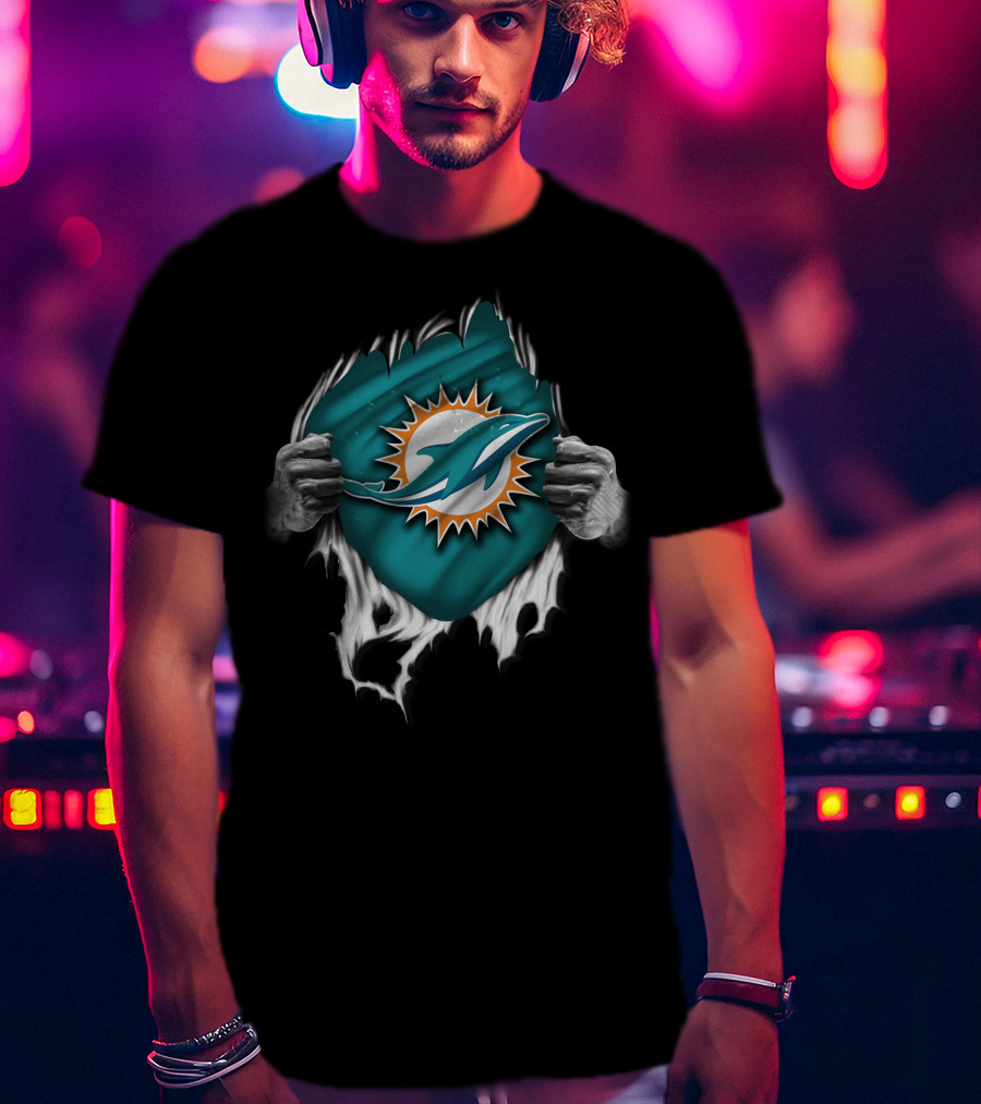 Torn Miami Dolphins Emblem With Hands Peeling Effect T-Shirt