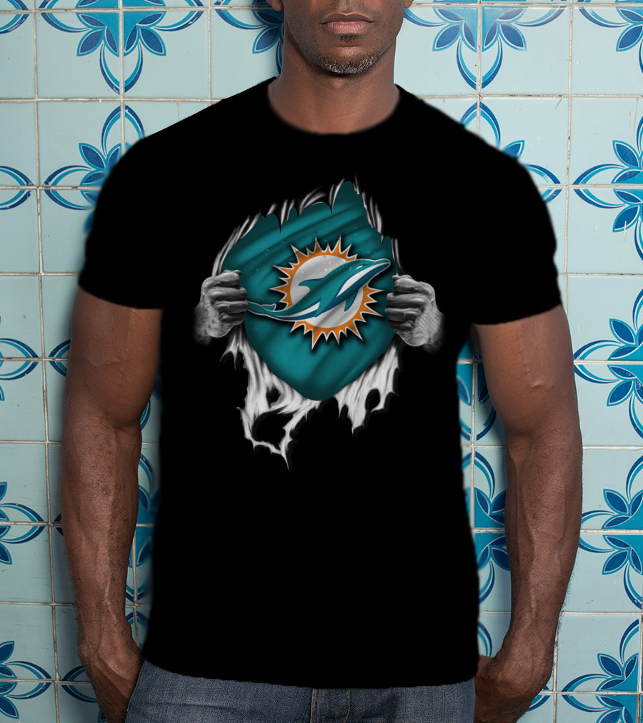 Torn Miami Dolphins Emblem With Hands Peeling Effect T-Shirt